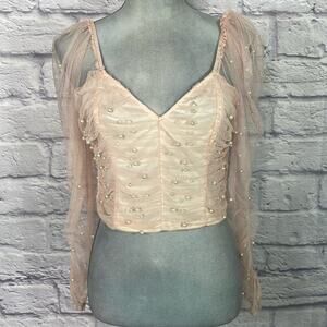 Peach mesh and pearl crop top blouse